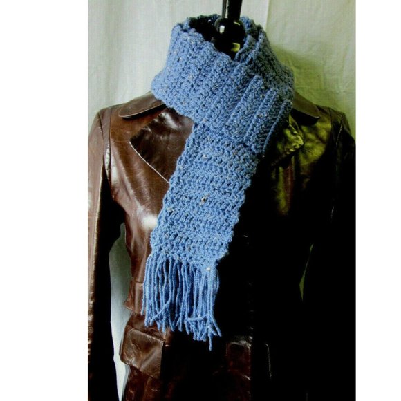 Blue Wool Scarf 74x4 Long Narrow Light Soft Handmade Crochet Knit Men Women NWT - Picture 4 of 7